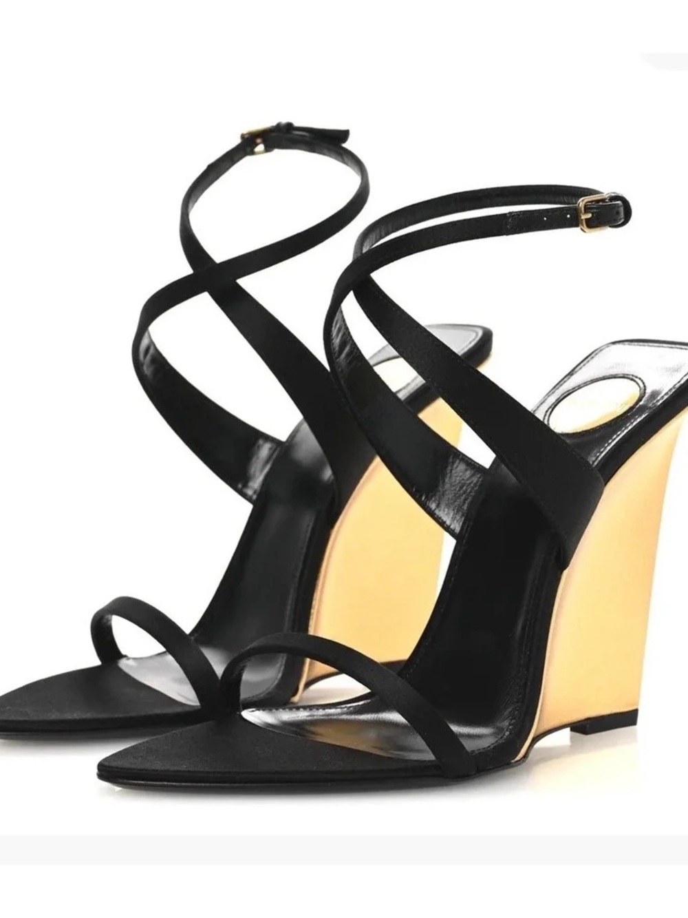 Yves Saint Laurent Black Strappy Wedge Sandals with Nude Wedge